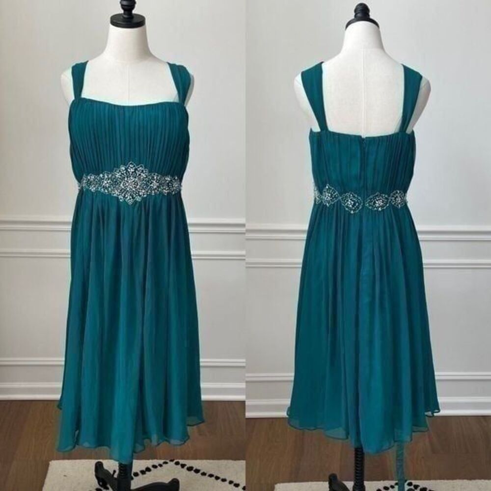 Johnny Emerald Green Chiffon Overlay Sleeveless Dress Rhinestone Waist 2X 3X 4X